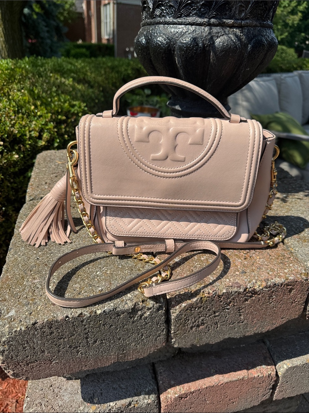 Tory Burch Fleming Blush Quilted Top-Handle Satchel with Tassel - Picture 12 of 13